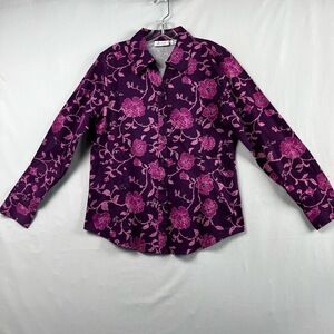 D&Co Denim Company Blouse Womens Medium Button up Long Sleeve Floral Purple Pink